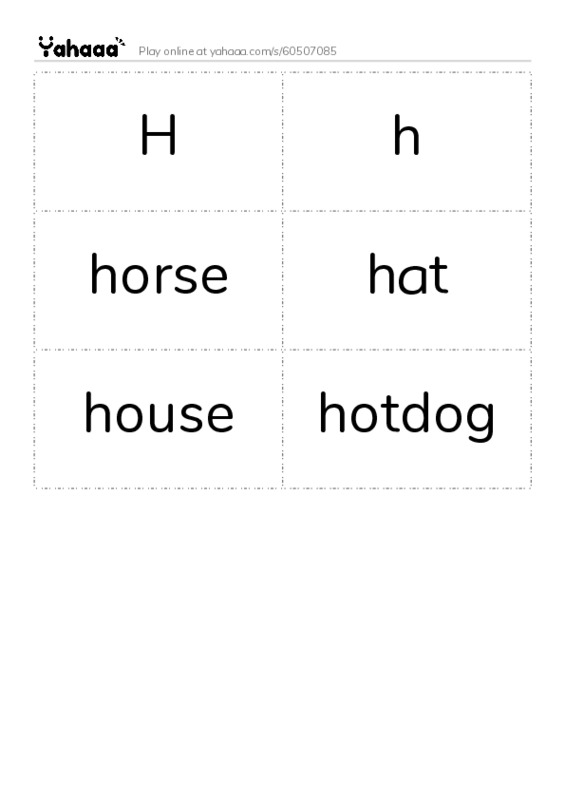 Word flashcards worksheet for H, h, horse and 3 more
