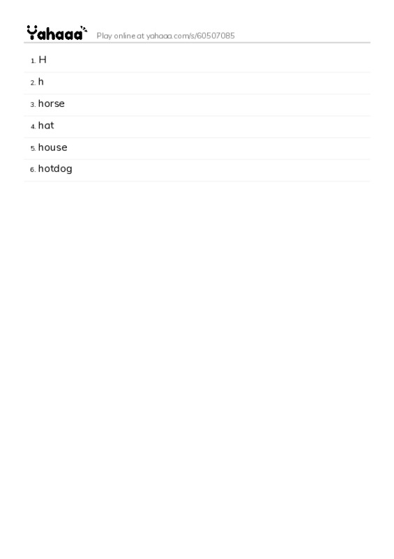 Word list with meanings worksheet for H, h, horse and 3 more
