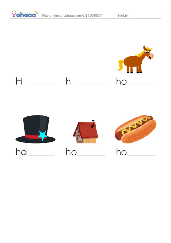 Finish the word worksheet for H, h, horse and 3 more