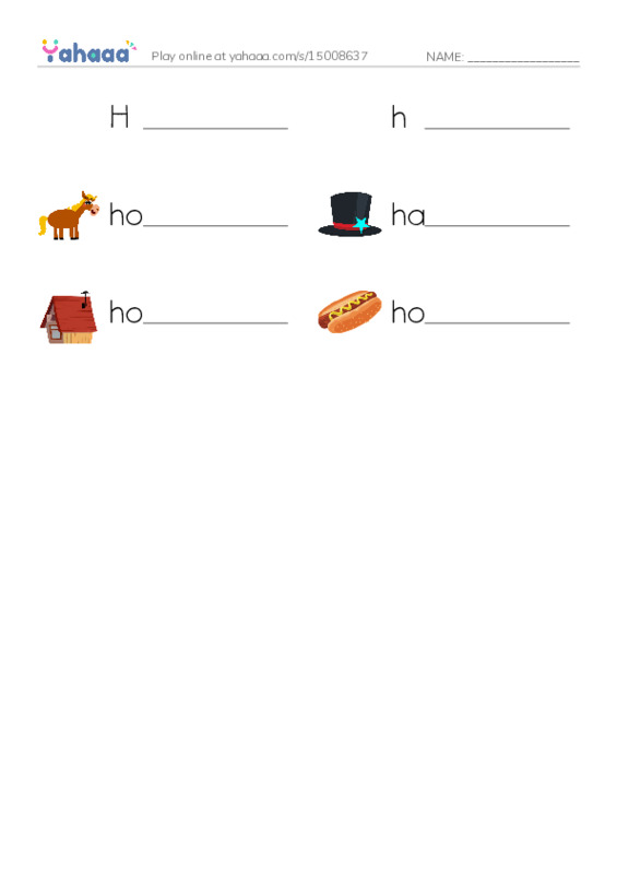 Write the word rows worksheet for H, h, horse and 3 more
