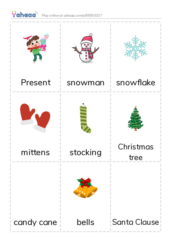 Picture flashcards worksheet for Present, snowman, snowflake and 9 more