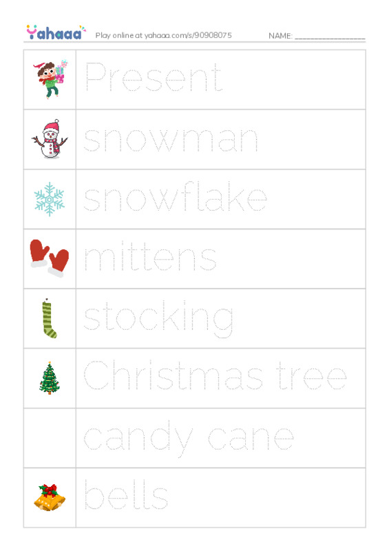 Picture and word rows worksheet for Present, snowman, snowflake and 9 more