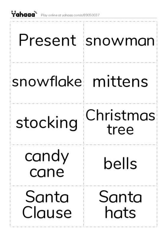 Word flashcards worksheet for Present, snowman, snowflake and 9 more