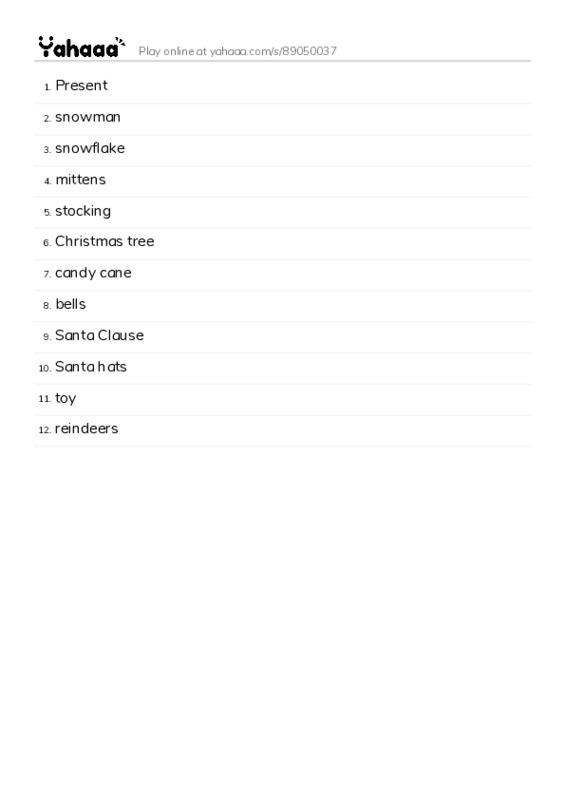 Word list with meanings worksheet for Present, snowman, snowflake and 9 more