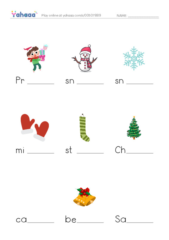 Finish the word worksheet for Present, snowman, snowflake and 9 more