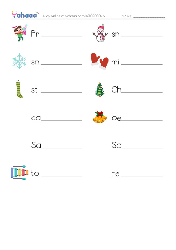 Write the word rows worksheet for Present, snowman, snowflake and 9 more