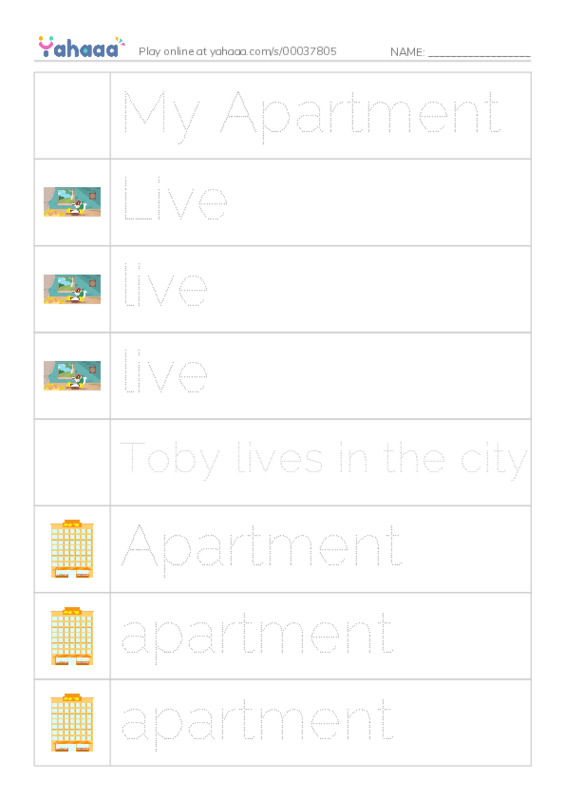 Picture and word rows worksheet for My Apartment, Live, live and 10 more