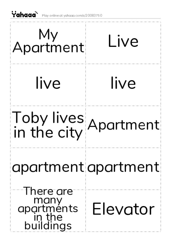 Word flashcards worksheet for My Apartment, Live, live and 10 more