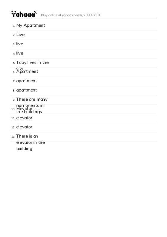 Word list with meanings worksheet for My Apartment, Live, live and 10 more