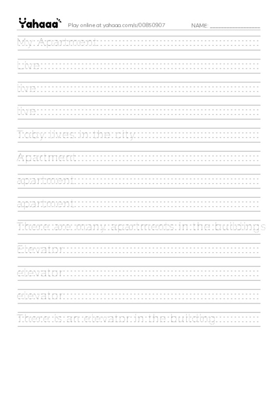 Handwriting lines worksheet for My Apartment, Live, live and 10 more