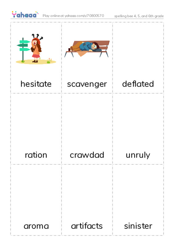 Picture flashcards worksheet for spelling bee 4, 5, and 6th grade