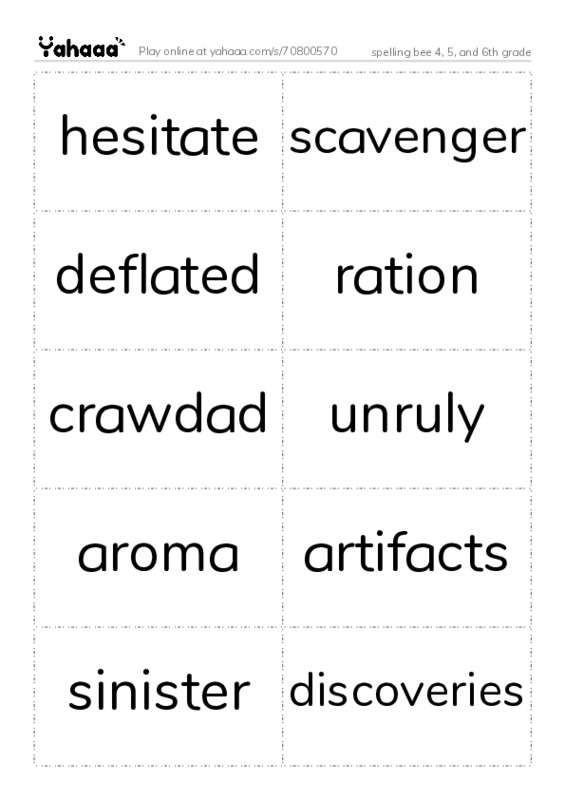 Word flashcards worksheet for spelling bee 4, 5, and 6th grade