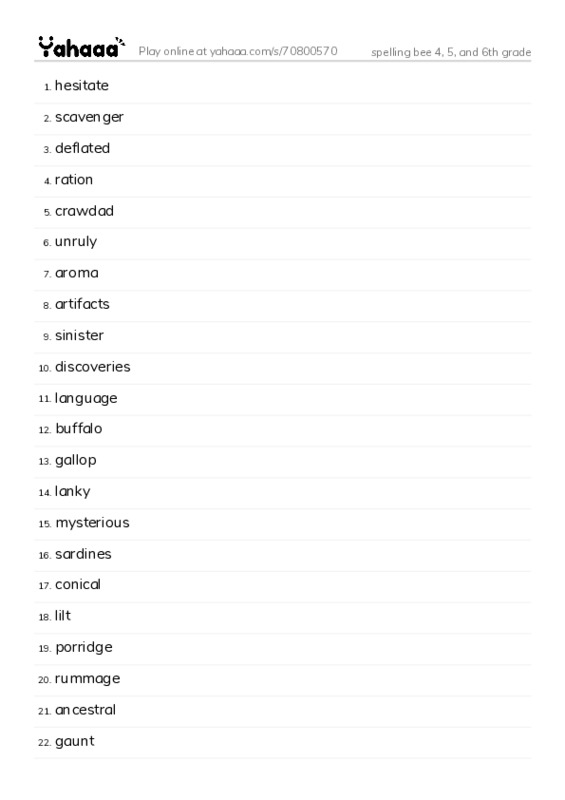 Word list with meanings worksheet for spelling bee 4, 5, and 6th grade