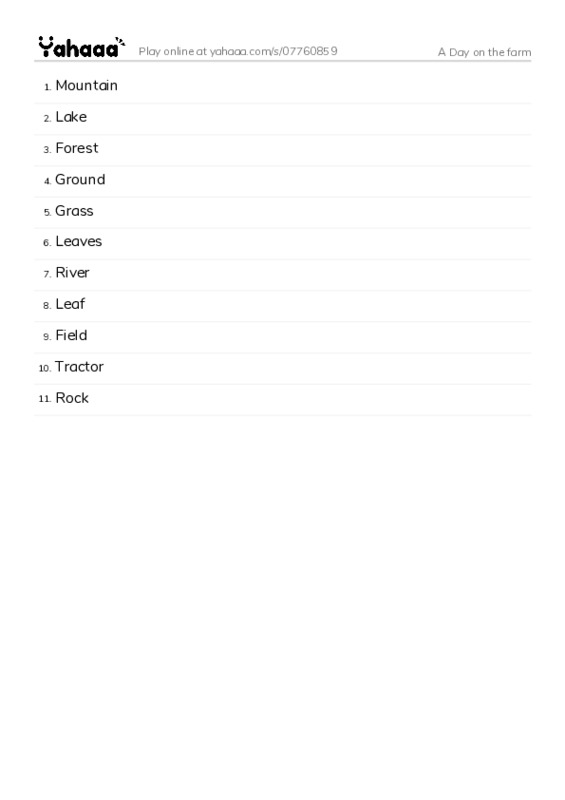 Word list with meanings worksheet for A Day on the farm