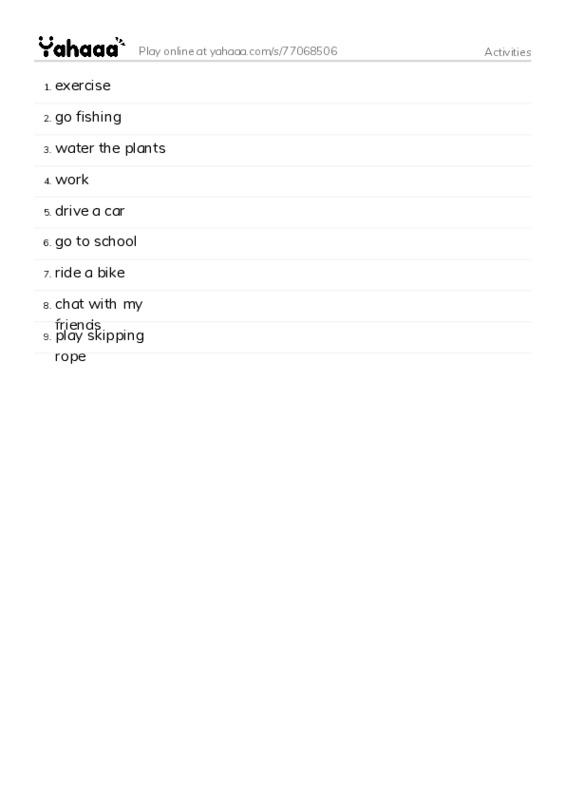 Word list with meanings worksheet for Activities