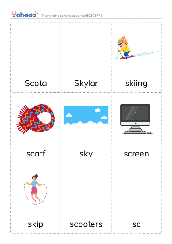 Picture flashcards worksheet for Scota, Skylar, skiing and 7 more