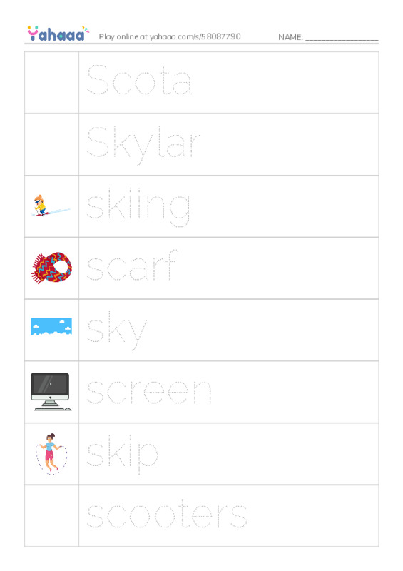 Picture and word rows worksheet for Scota, Skylar, skiing and 7 more