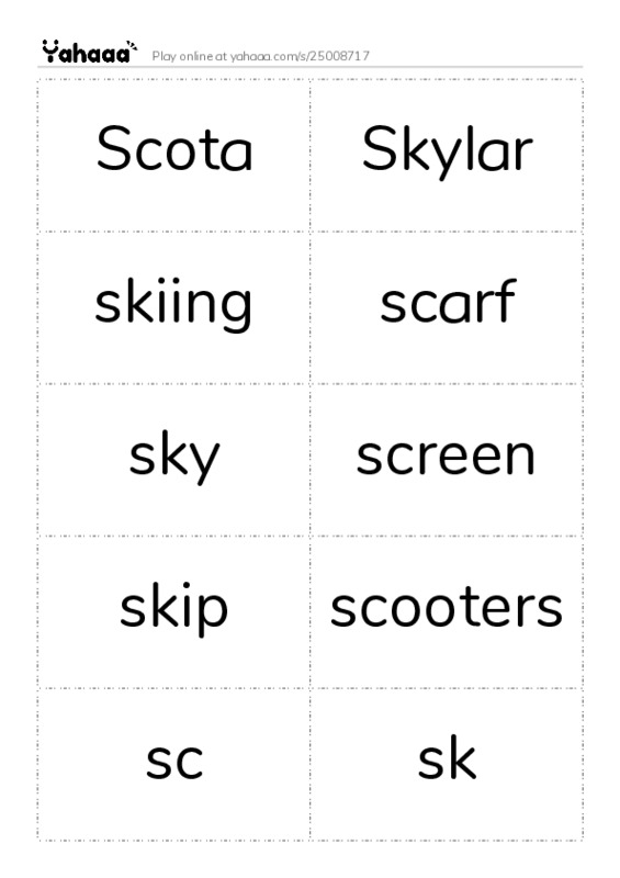 Word flashcards worksheet for Scota, Skylar, skiing and 7 more