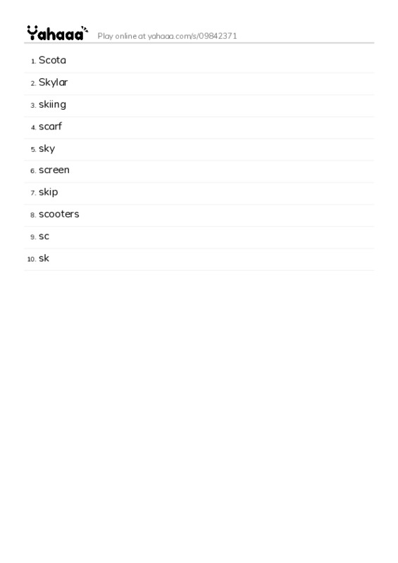 Word list with meanings worksheet for Scota, Skylar, skiing and 7 more