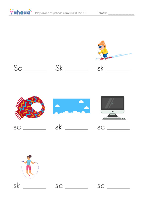 Finish the word worksheet for Scota, Skylar, skiing and 7 more