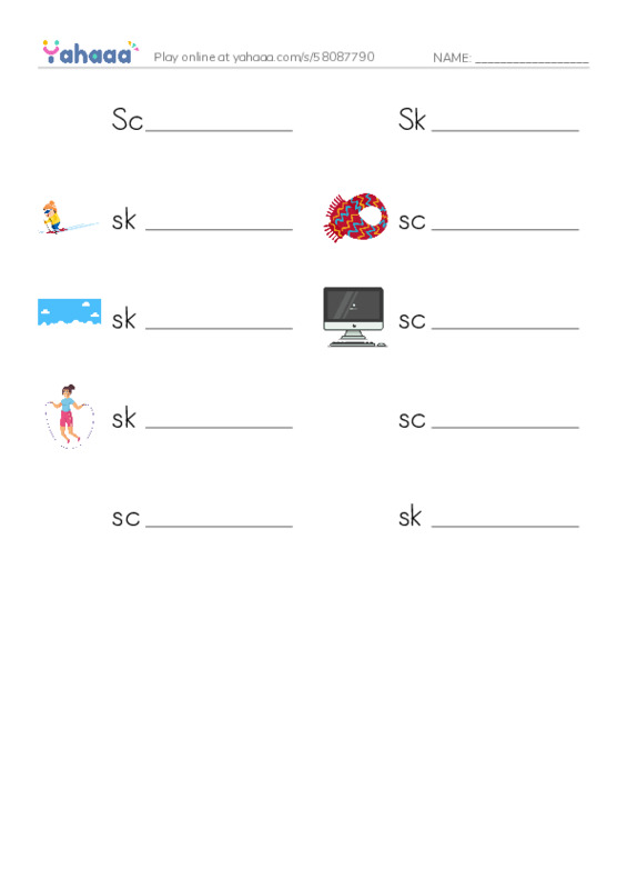 Write the word rows worksheet for Scota, Skylar, skiing and 7 more