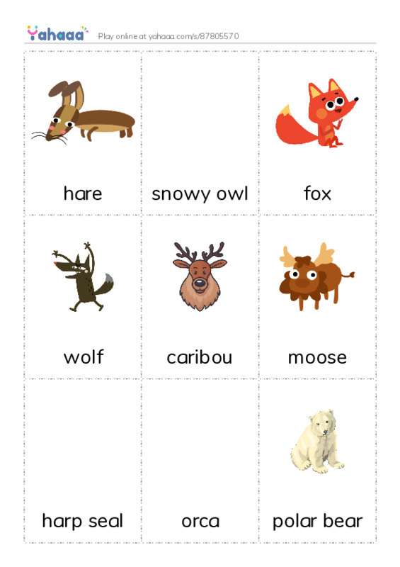 Picture flashcards worksheet for hare, snowy owl, fox and 6 more