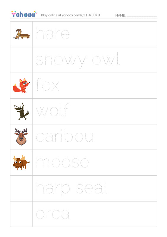 Picture and word rows worksheet for hare, snowy owl, fox and 6 more