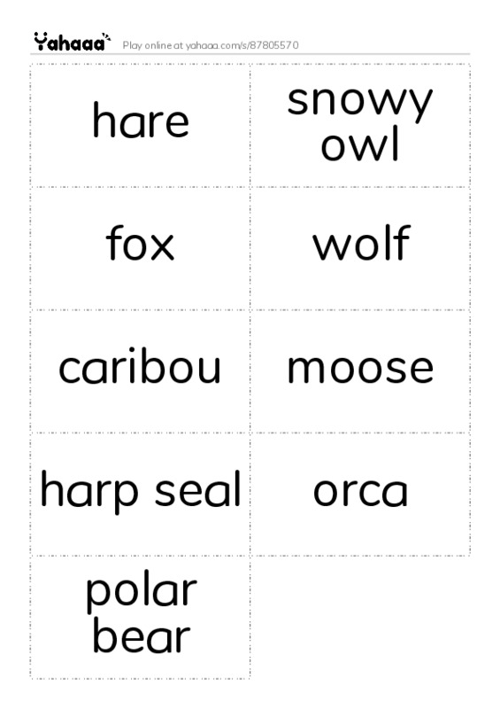 Word flashcards worksheet for hare, snowy owl, fox and 6 more