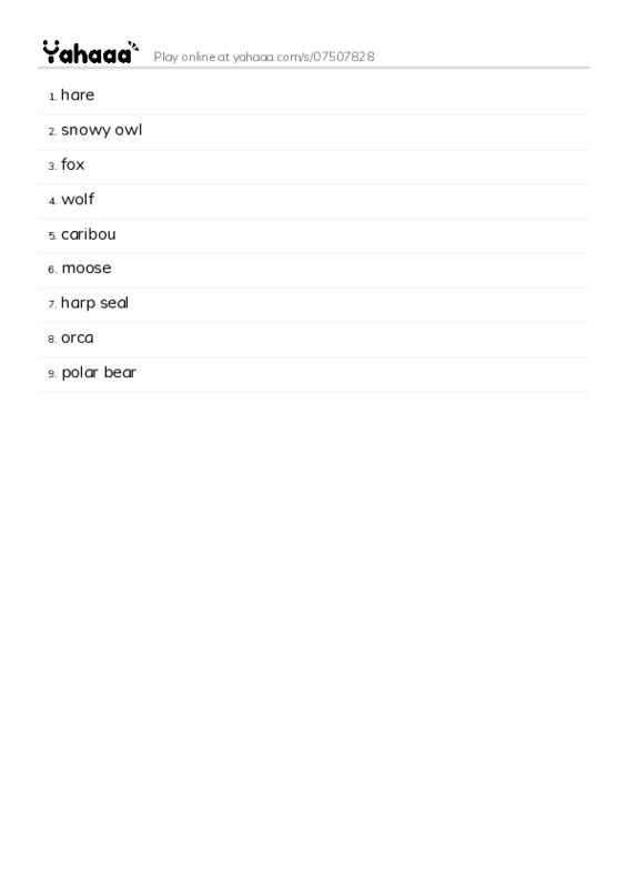 Word list with meanings worksheet for hare, snowy owl, fox and 6 more