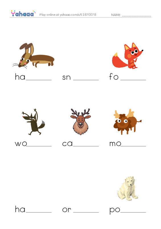 Finish the word worksheet for hare, snowy owl, fox and 6 more