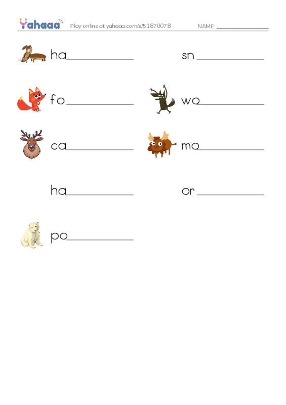 Write the word rows worksheet for hare, snowy owl, fox and 6 more