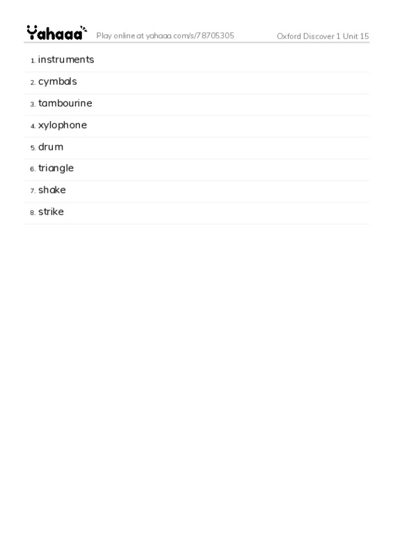 Word list with meanings worksheet for Oxford Discover 1 Unit 15