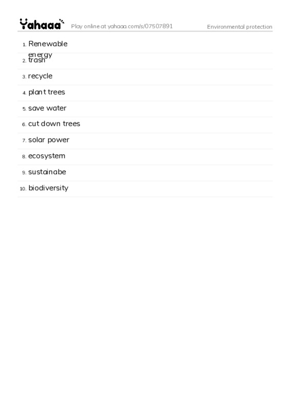 Word list with meanings worksheet for Environmental protection