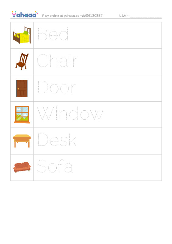 Picture and word rows worksheet for my room lesson 4