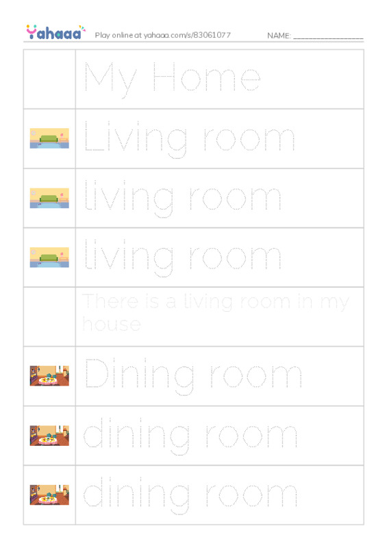 Picture and word rows worksheet for My Home, Living room, living room and 10 more