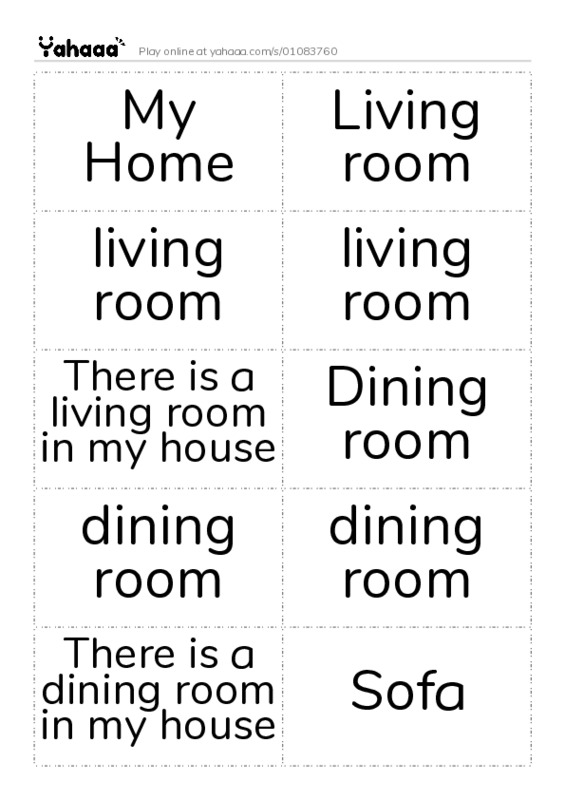 Word flashcards worksheet for My Home, Living room, living room and 10 more