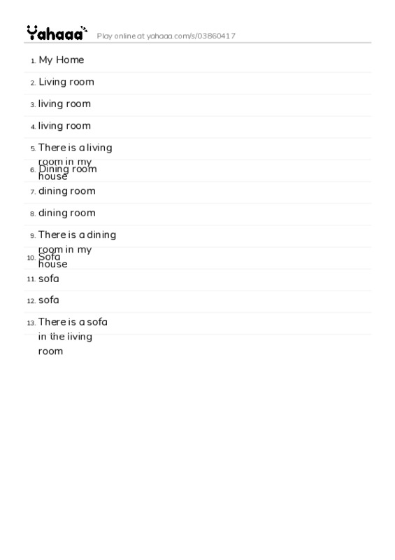 Word list with meanings worksheet for My Home, Living room, living room and 10 more