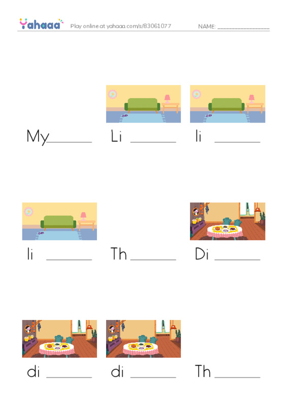 Finish the word worksheet for My Home, Living room, living room and 10 more