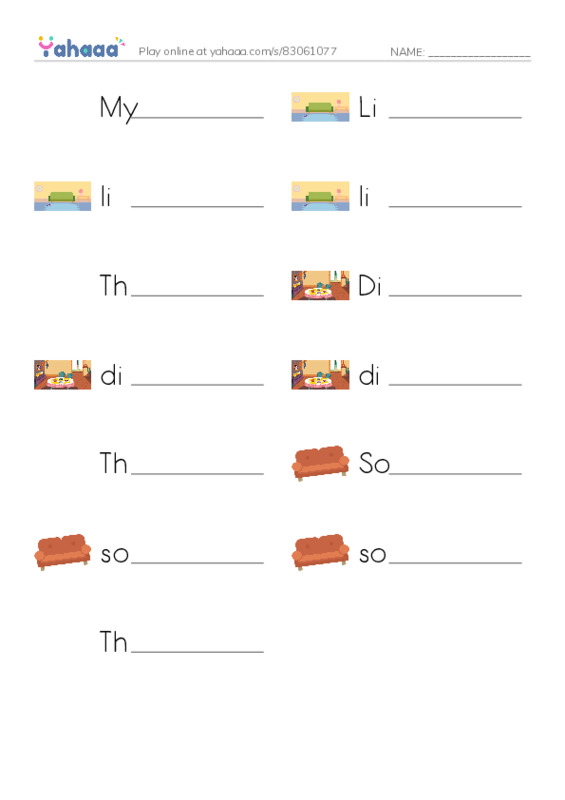 Write the word rows worksheet for My Home, Living room, living room and 10 more