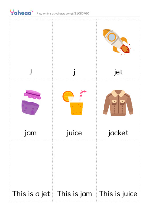 Picture flashcards worksheet for J, j, jet and 7 more