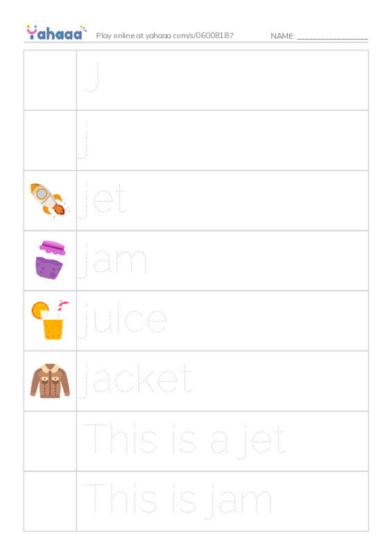 Picture and word rows worksheet for J, j, jet and 7 more