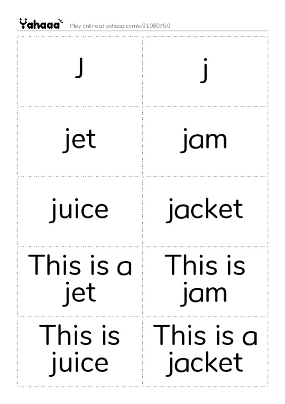 Word flashcards worksheet for J, j, jet and 7 more