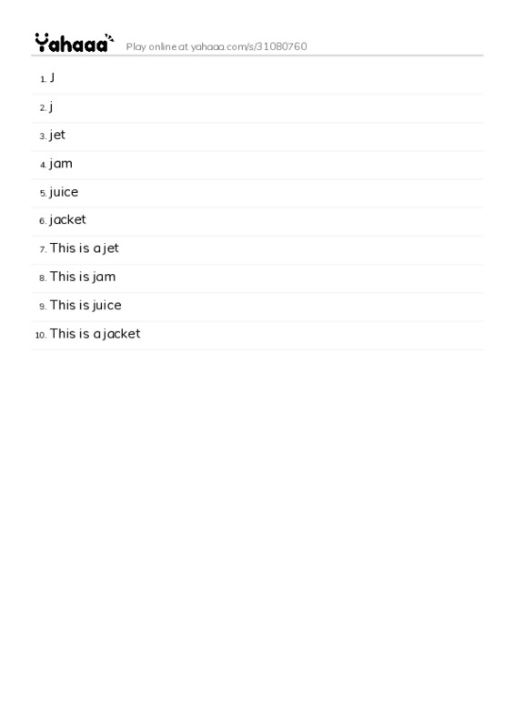 Word list with meanings worksheet for J, j, jet and 7 more