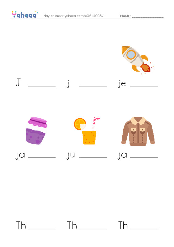 Finish the word worksheet for J, j, jet and 7 more