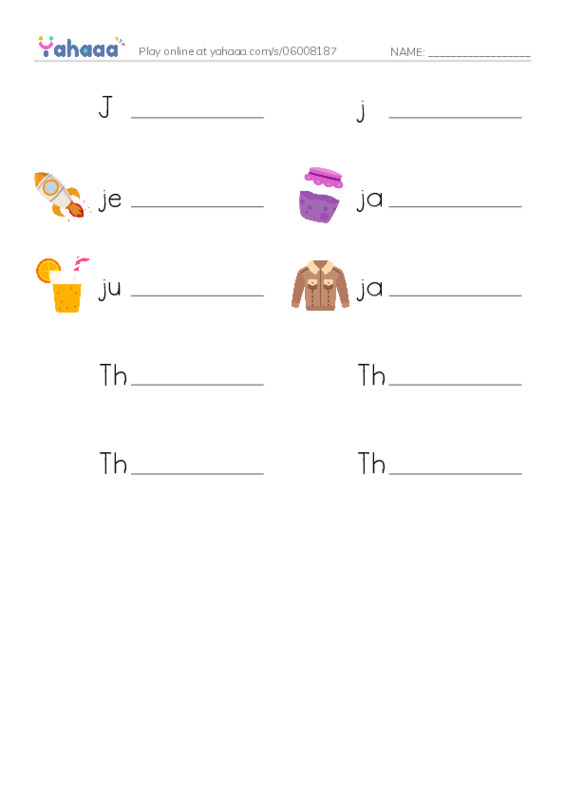 Write the word rows worksheet for J, j, jet and 7 more