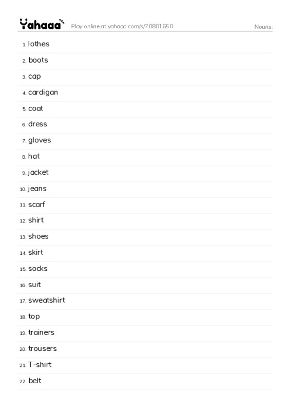 Word list with meanings worksheet for Nouns: