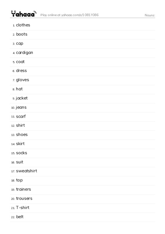 Word list with meanings worksheet for Nouns: