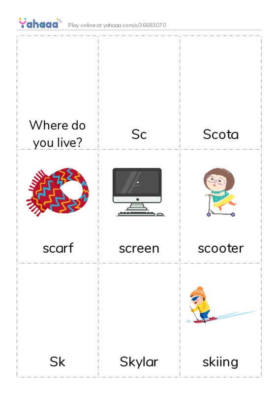 Picture flashcards worksheet for Where do you live?, Sc, Scota and 14 more
