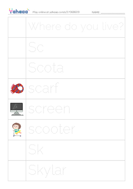Picture and word rows worksheet for Where do you live?, Sc, Scota and 14 more