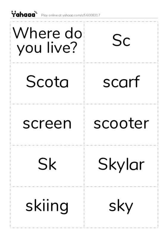 Word flashcards worksheet for Where do you live?, Sc, Scota and 14 more